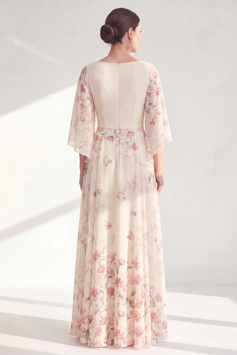 Apricot Floral A-Line Long Chiffon Mother Of the Bride Dress with 3/4 Sleeves - Image 2