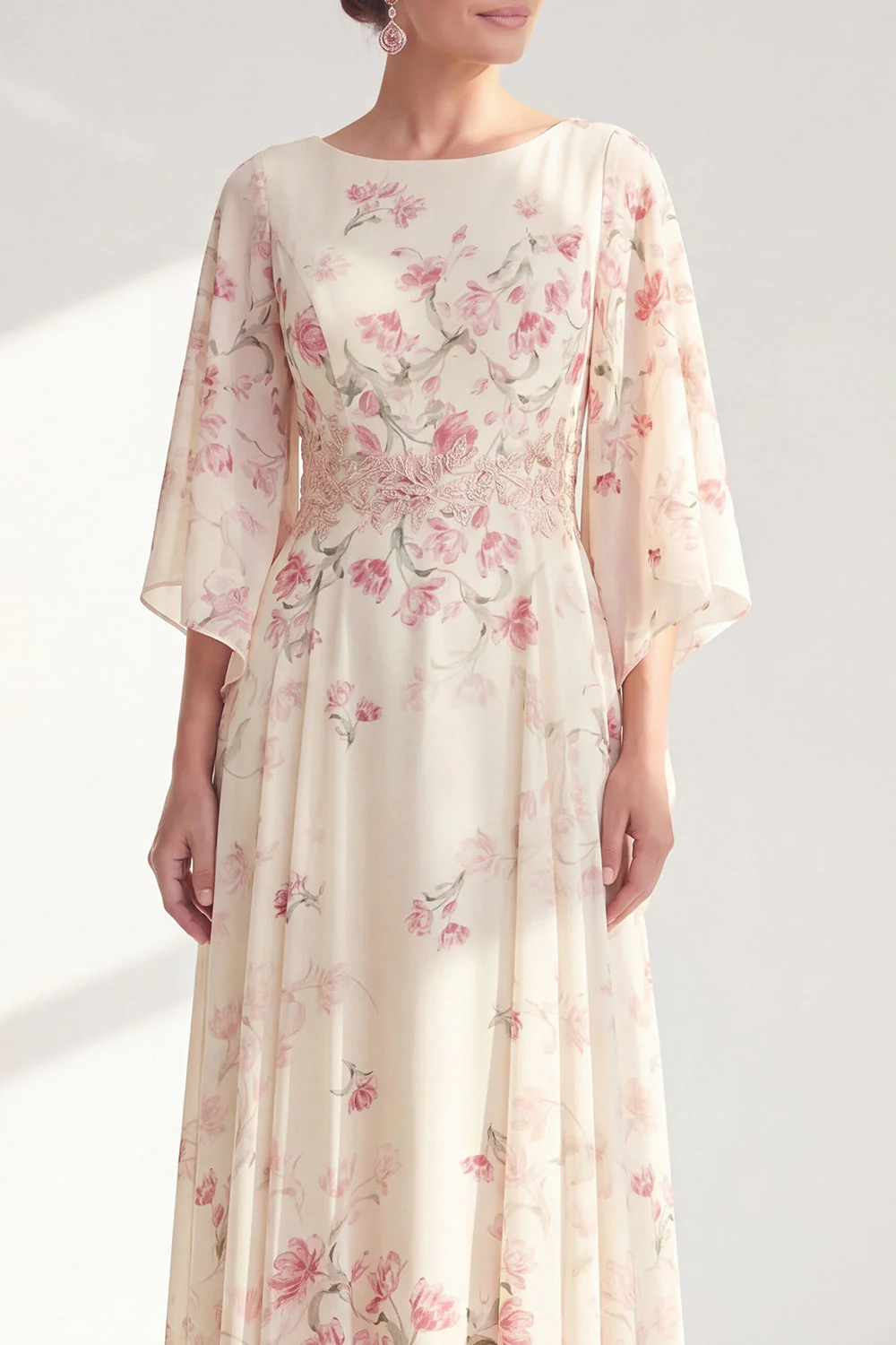 Apricot Floral A-Line Long Chiffon Mother Of the Bride Dress with 3/4 Sleeves - Image 3
