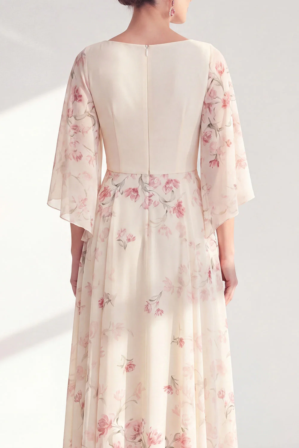 Apricot Floral A-Line Long Chiffon Mother Of the Bride Dress with 3/4 Sleeves - Image 4