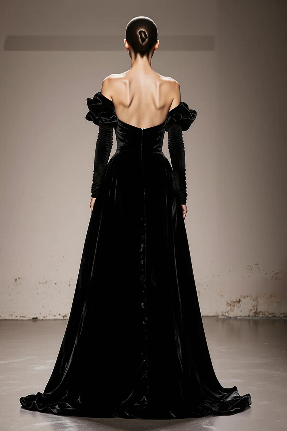 A-Line Black Velvet Off the Shoulder Long Military Ball Dresses with Sleeves - Image 2