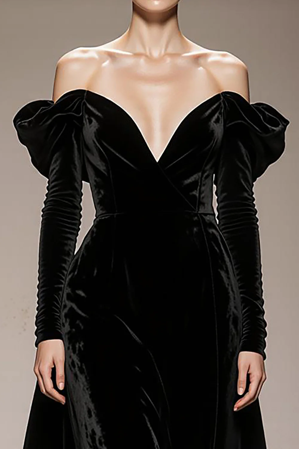 A-Line Black Velvet Off the Shoulder Long Military Ball Dresses with Sleeves - Image 3