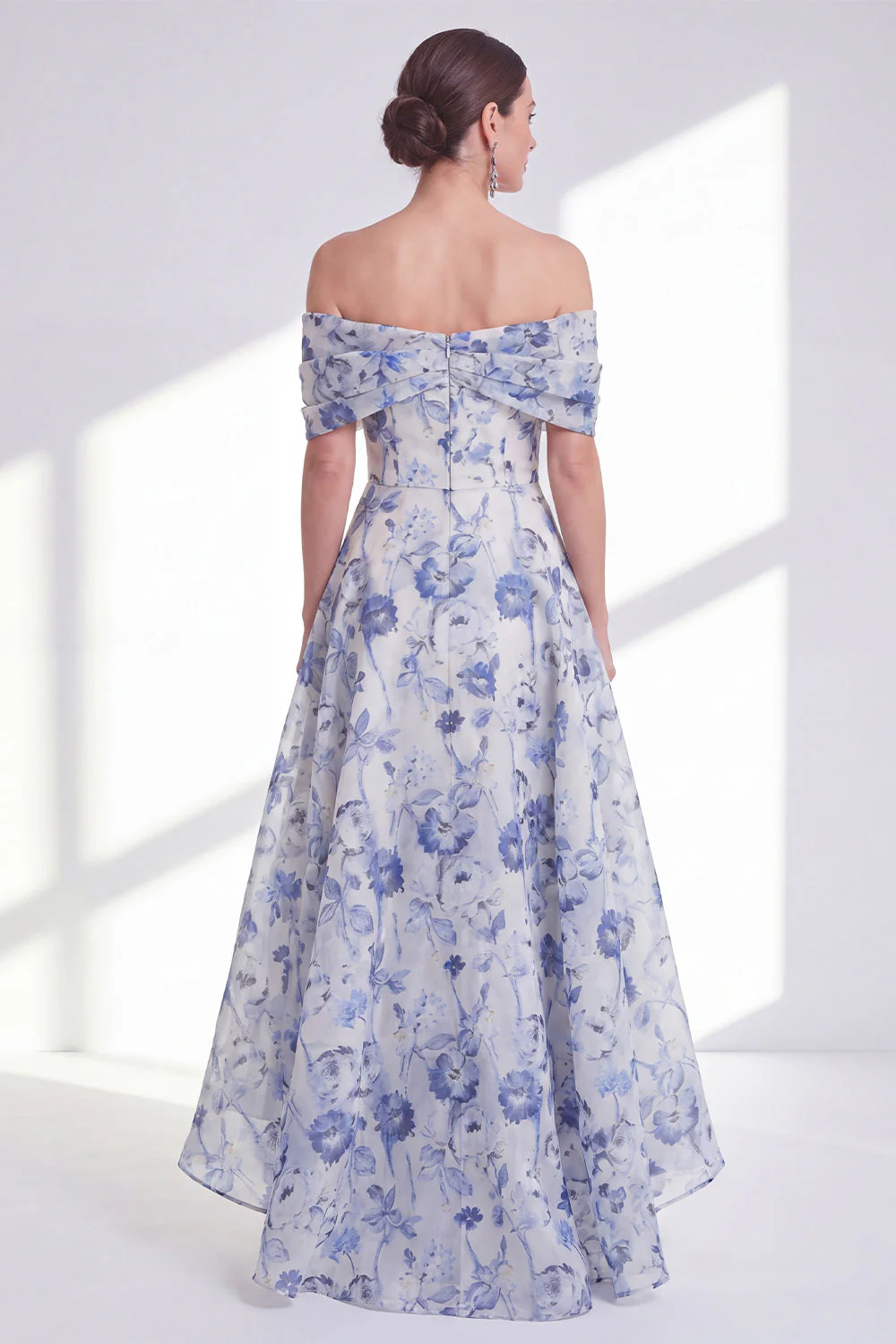 Blue Floral Off the Shoulder A-Line High Low Mother Of the Bride Dress - Image 2