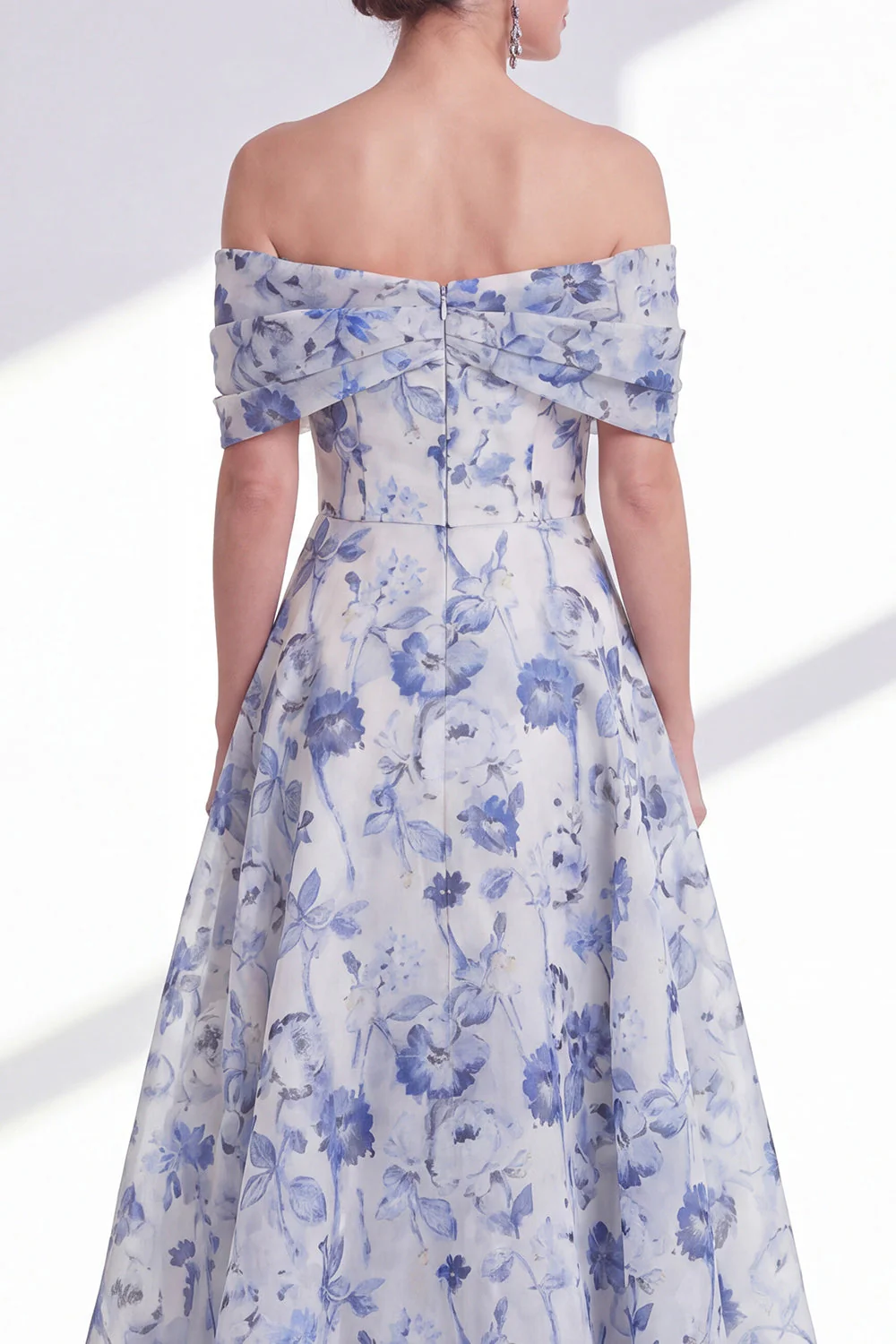 Blue Floral Off the Shoulder A-Line High Low Mother Of the Bride Dress - Image 4