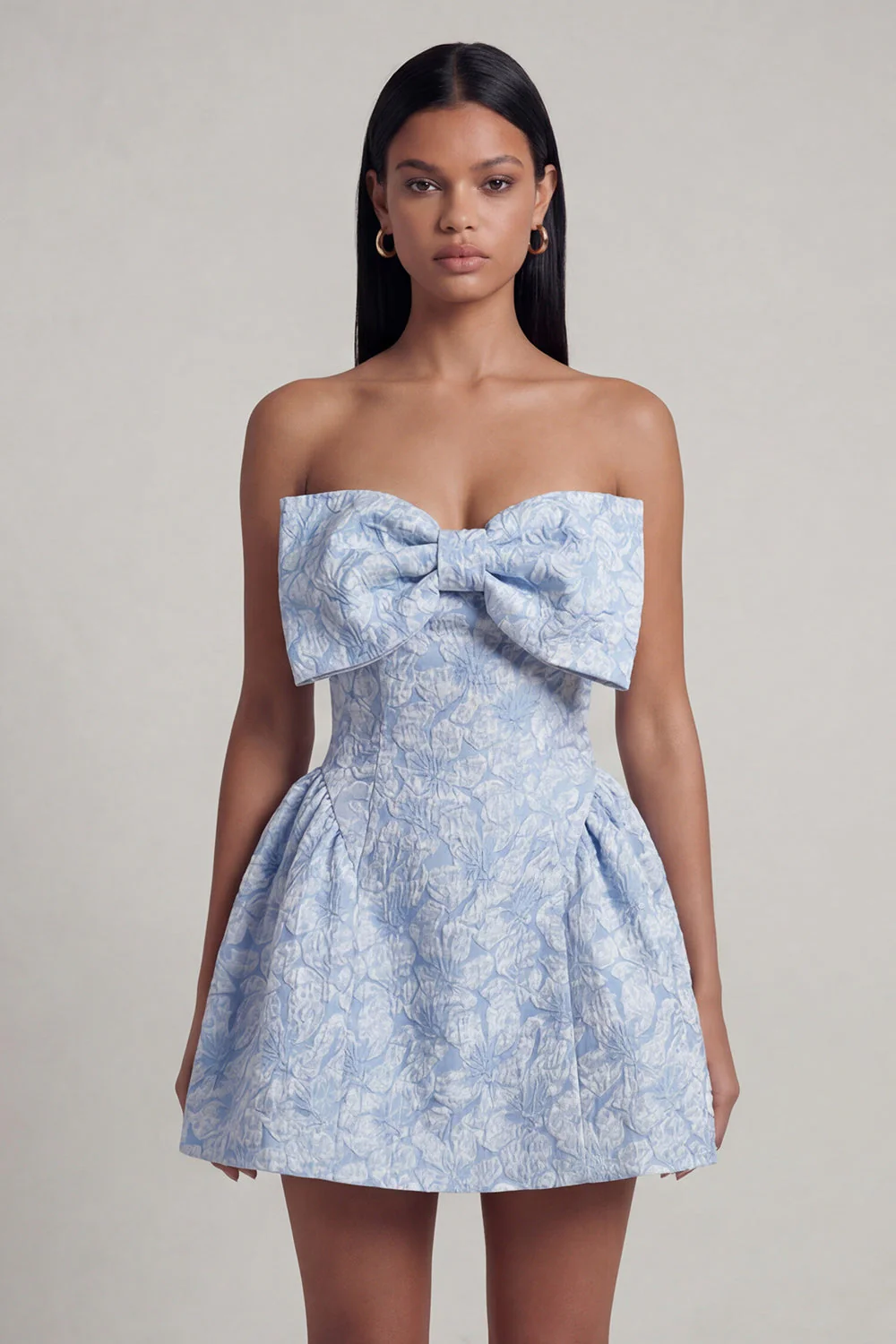A-Line Blue Off the Shoulder Jacquard Mini Floral Dress With Bow - Image 3
