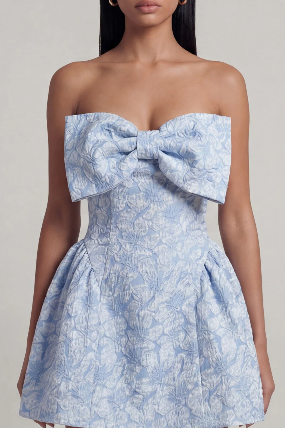 A-Line Blue Off the Shoulder Jacquard Mini Floral Dress With Bow - Image 4