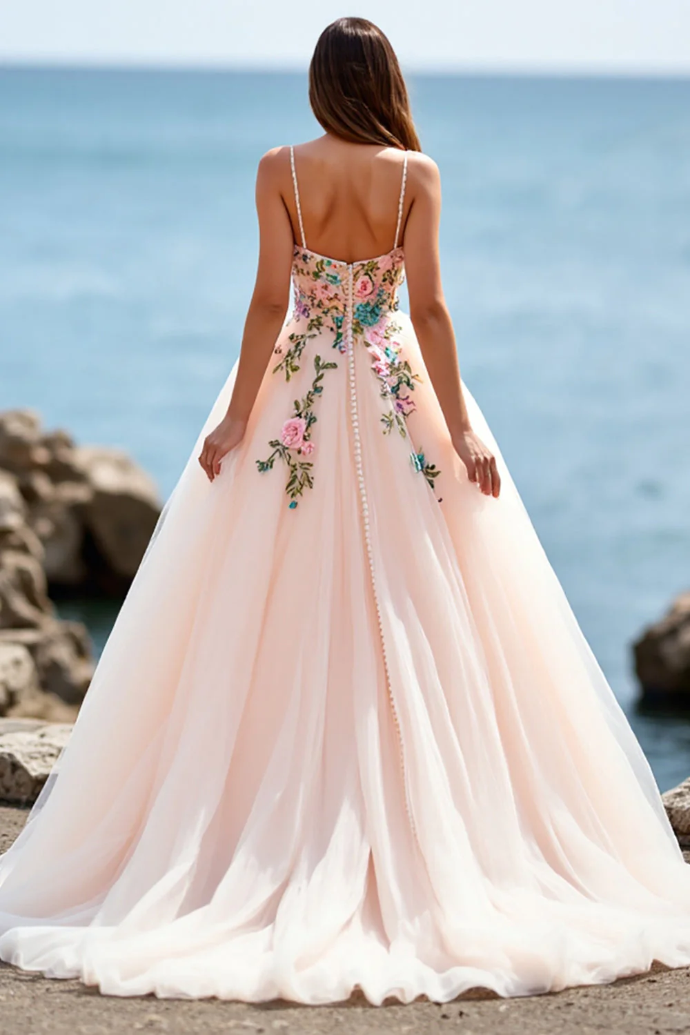 A Line Blush Spaghetti Straps Tulle Boho Sweep Train Boho Wedding Dress with Appliques - Image 2