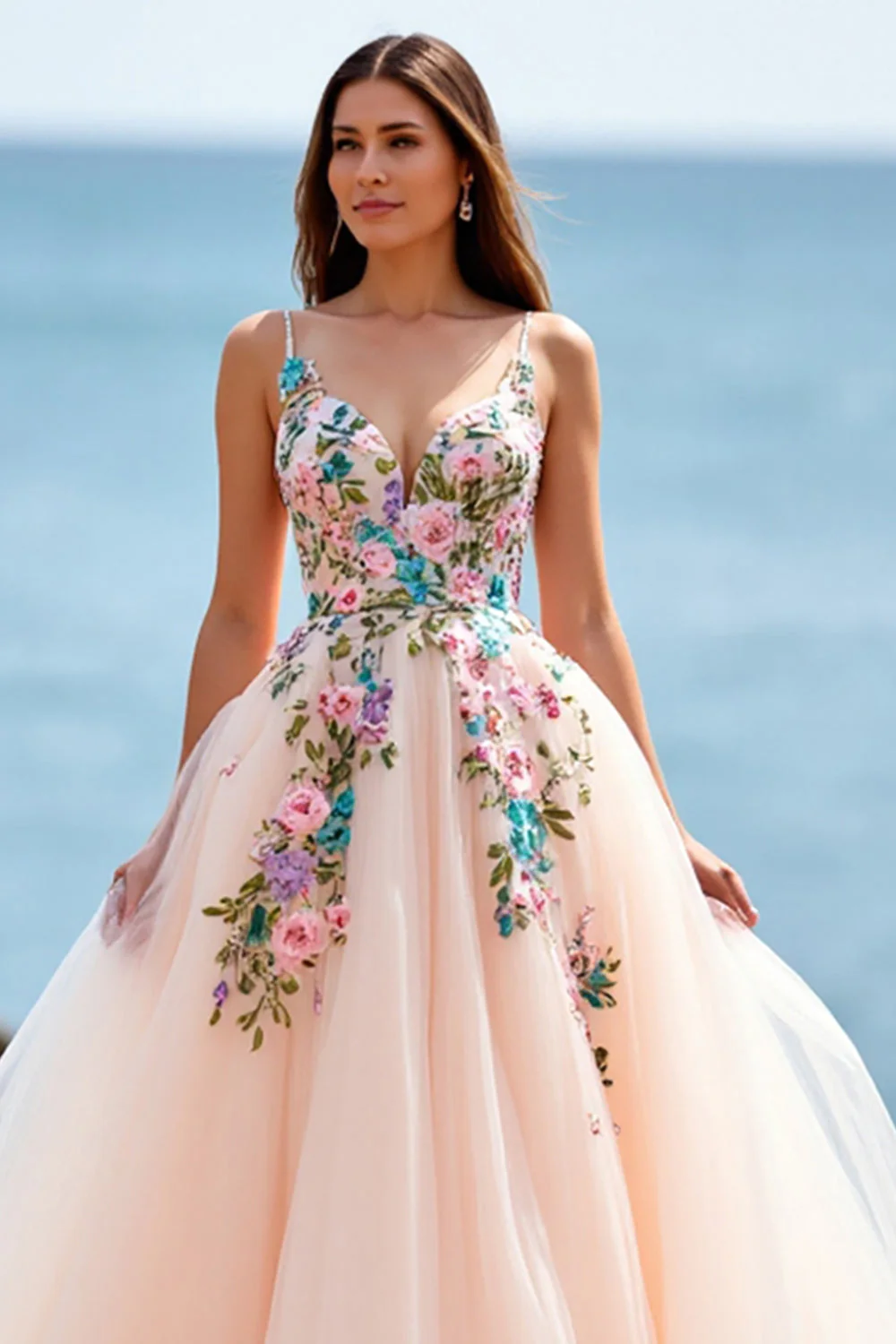 A Line Blush Spaghetti Straps Tulle Boho Sweep Train Boho Wedding Dress with Appliques - Image 3