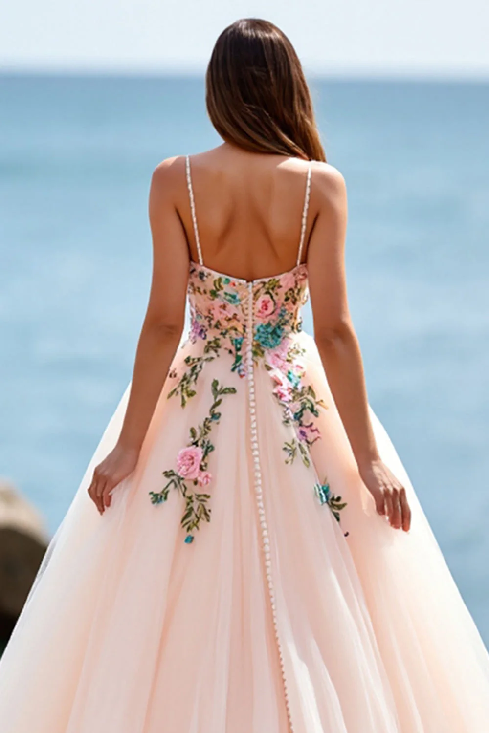 A Line Blush Spaghetti Straps Tulle Boho Sweep Train Boho Wedding Dress with Appliques - Image 4