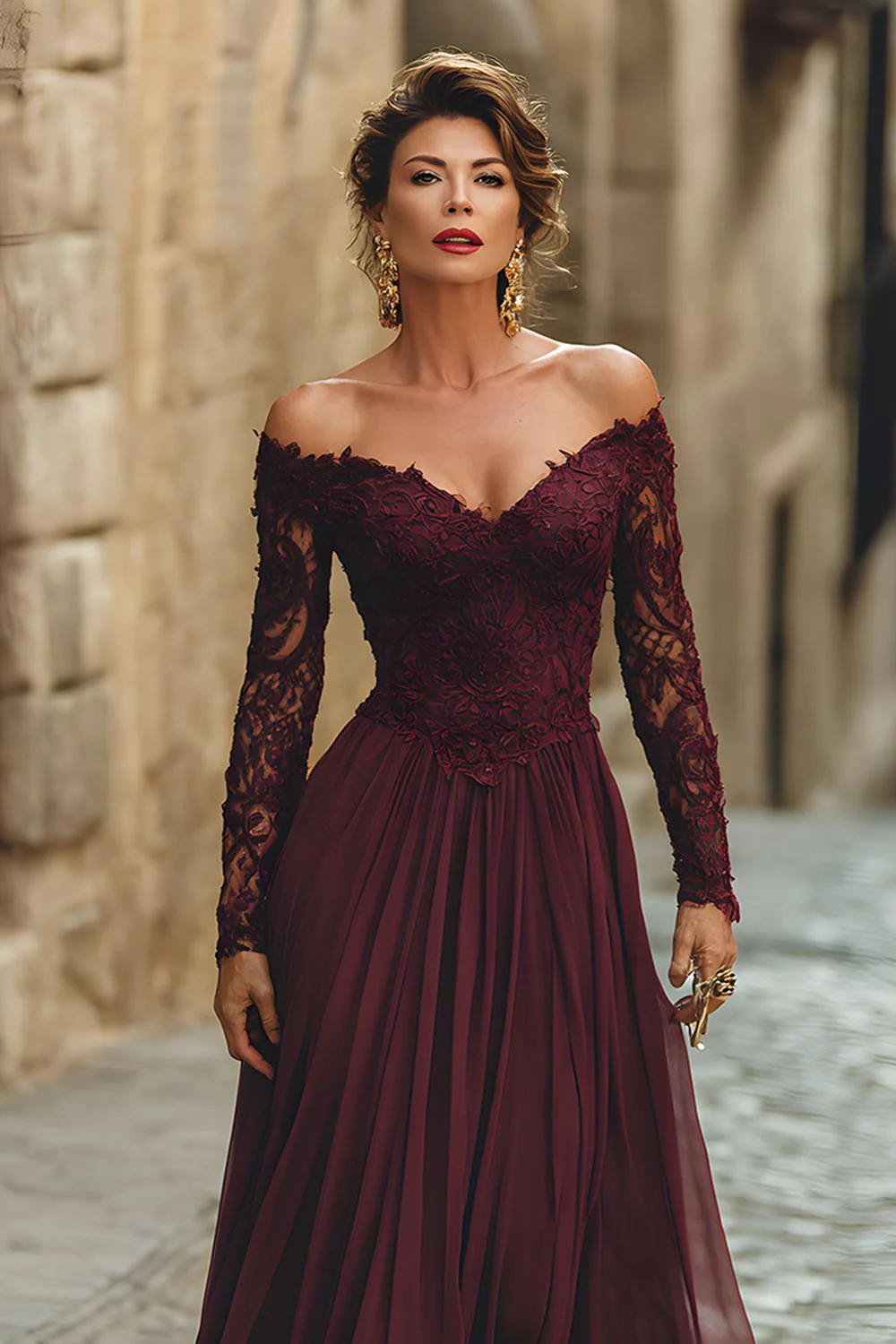 Cabernet A Line Off the Shoulder Maxi Mother of the Bride Dress with Lace - Image 2