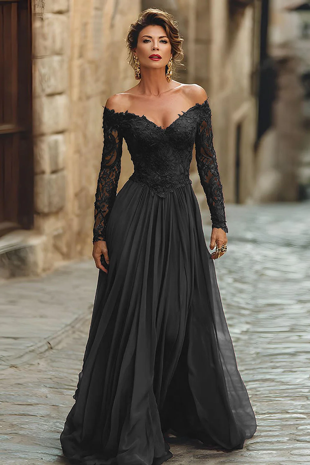 Cabernet A Line Off the Shoulder Maxi Mother of the Bride Dress with Lace - Image 3