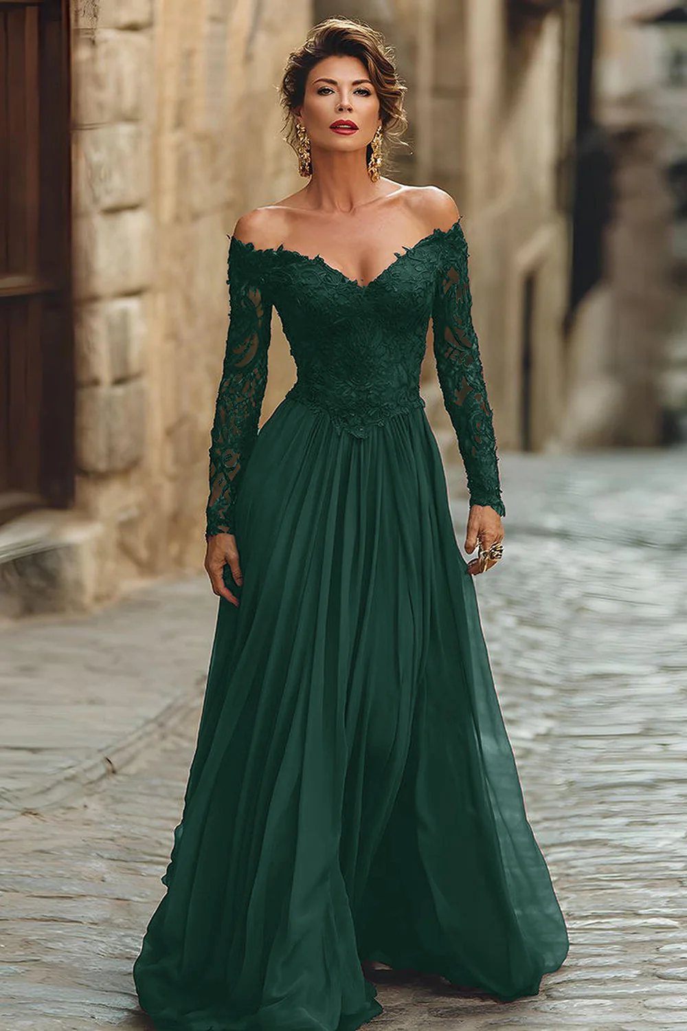 Cabernet A Line Off the Shoulder Maxi Mother of the Bride Dress with Lace - Image 4