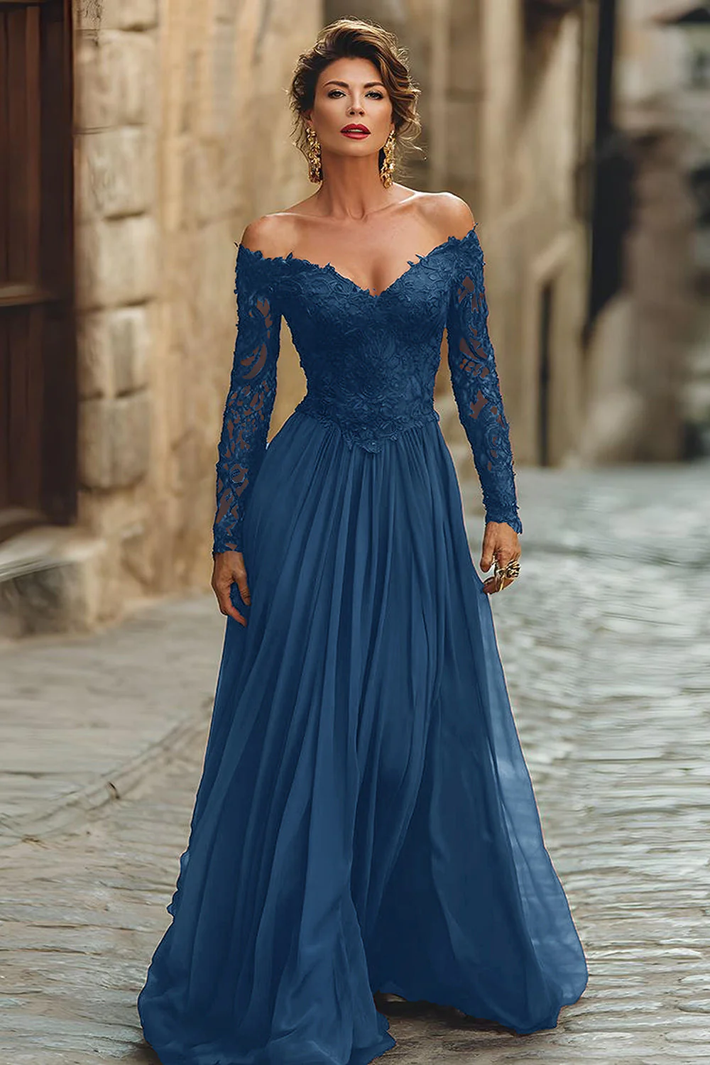 Cabernet A Line Off the Shoulder Maxi Mother of the Bride Dress with Lace - Image 5