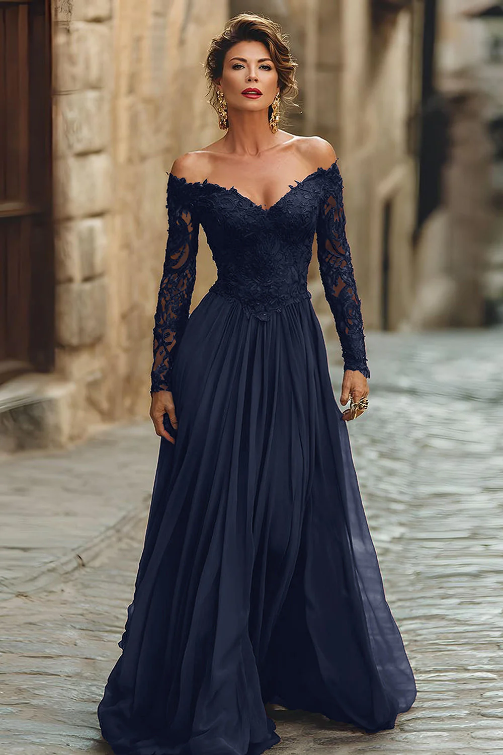 Cabernet A Line Off the Shoulder Maxi Mother of the Bride Dress with Lace - Image 6