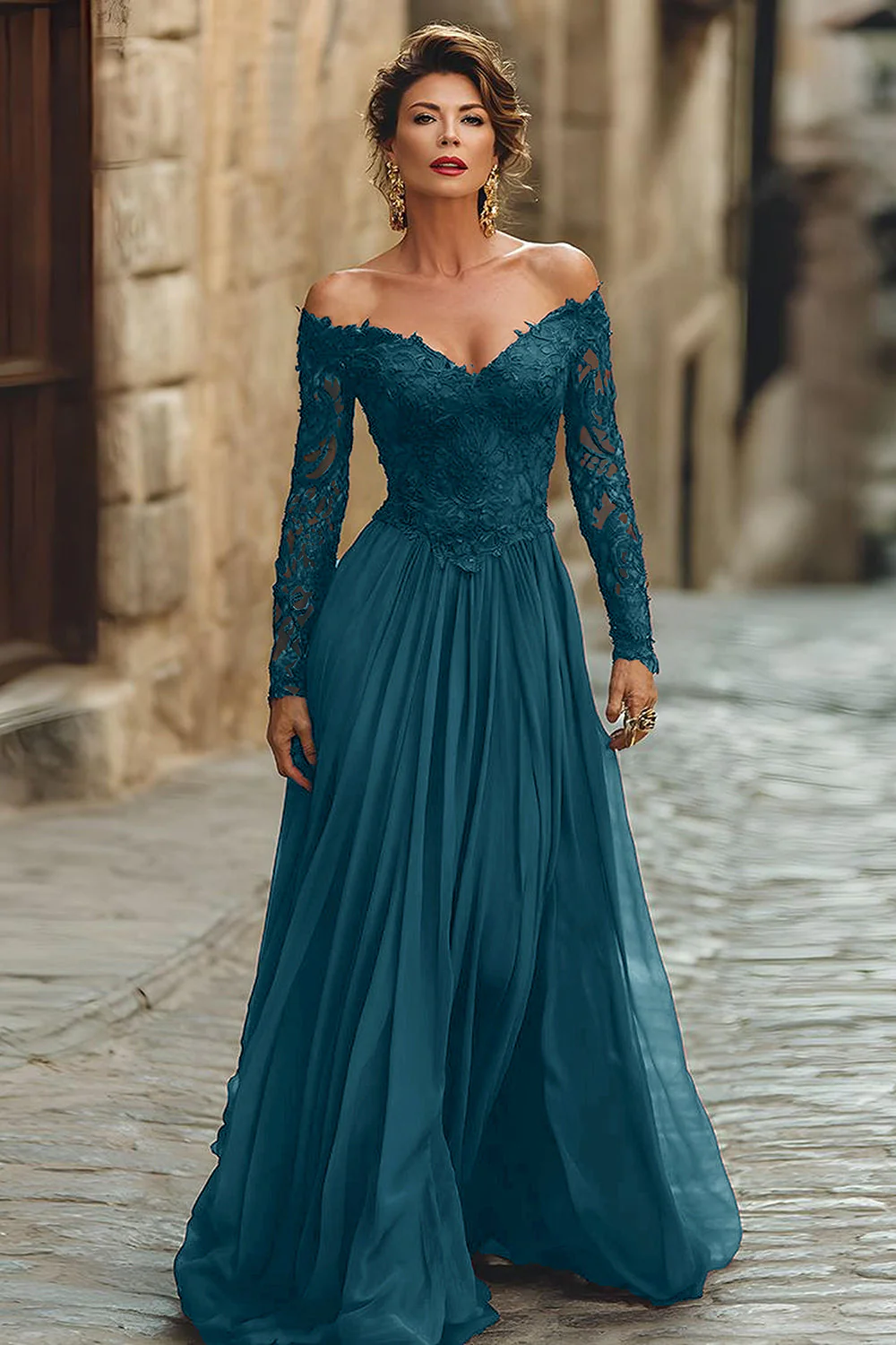 Cabernet A Line Off the Shoulder Maxi Mother of the Bride Dress with Lace - Image 7