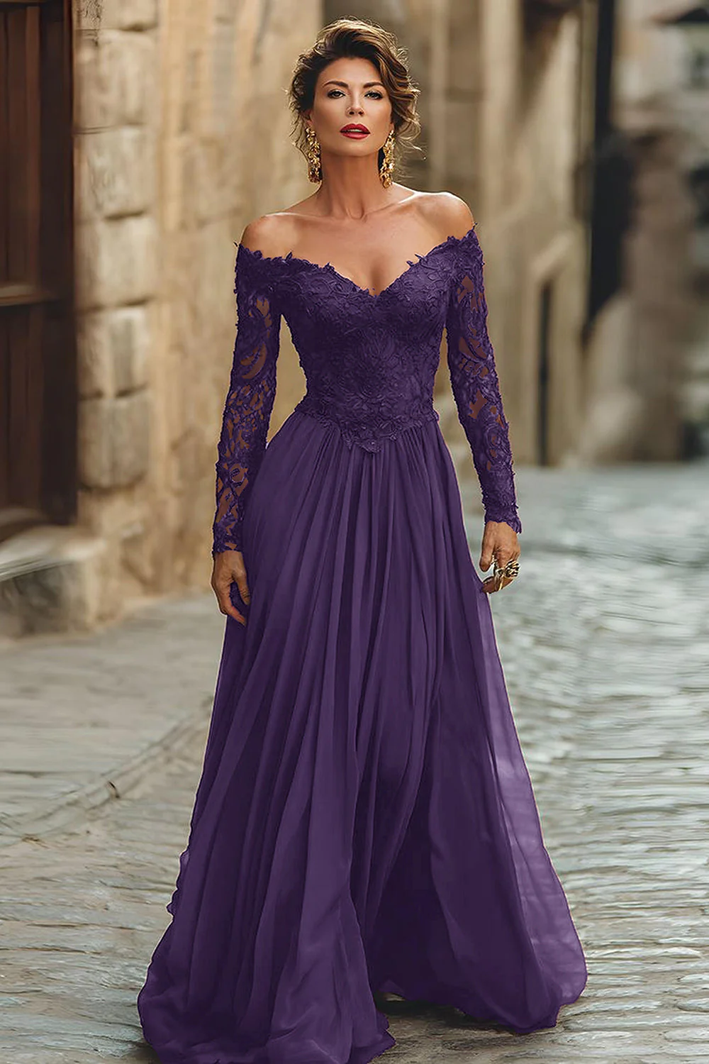Cabernet A Line Off the Shoulder Maxi Mother of the Bride Dress with Lace - Image 8