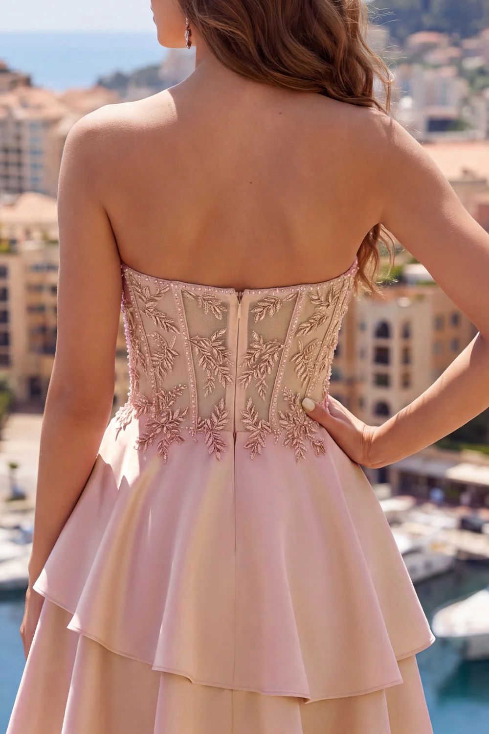 Cute A-Line Champagne Sweetheart Corset Ruffled Cocktail Dress with Beading - Image 6