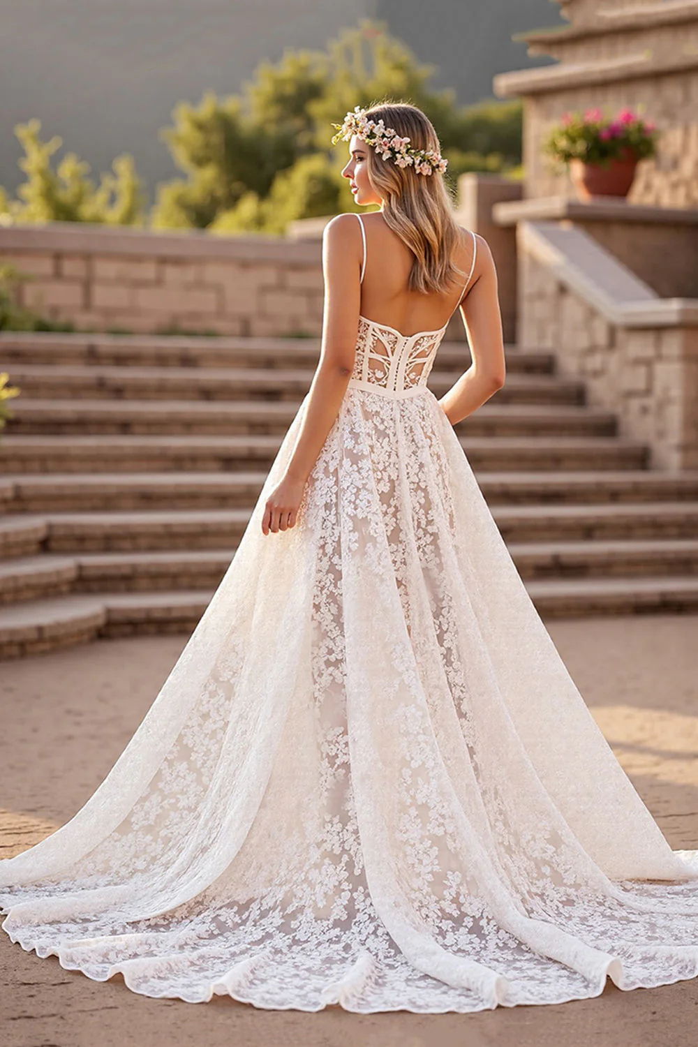 A Line Corset Spaghetti Straps Ivory Wedding Dress - Image 2