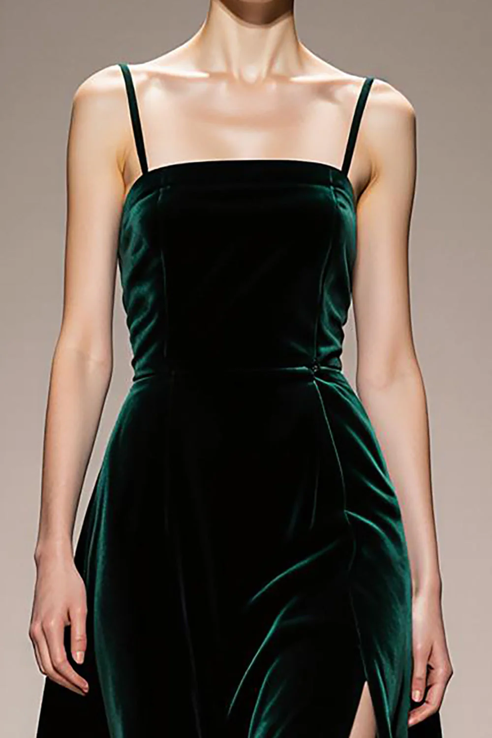 A-Line Dark Green Velvet Evening Dress with Slit - Image 3