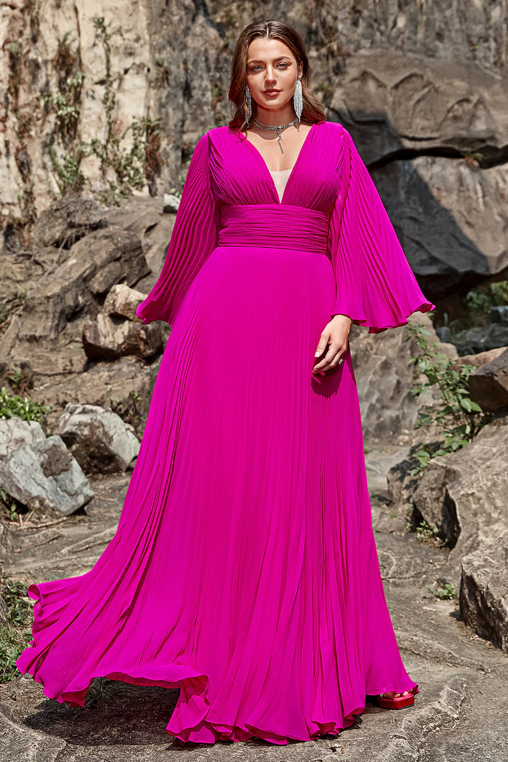 A Line Deep V Neck Dark Fuchsia Plus Size Prom Dress with Long Sleeves - Image 3