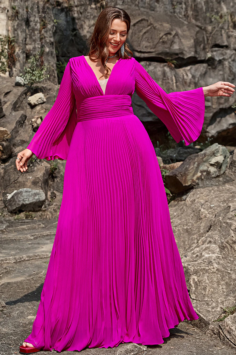 A Line Deep V Neck Dark Fuchsia Plus Size Prom Dress with Long Sleeves - Image 4