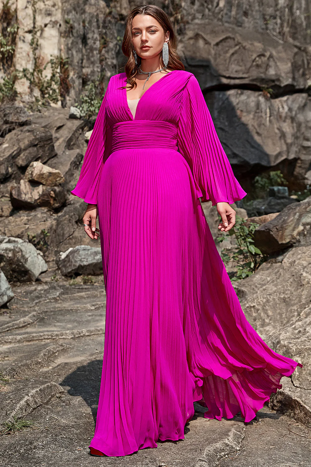 A Line Deep V Neck Dark Fuchsia Plus Size Prom Dress with Long Sleeves - Image 6