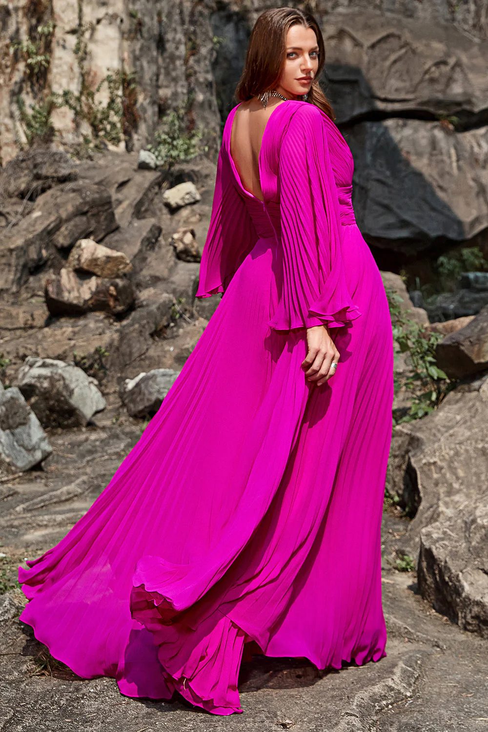 A Line Deep V Neck Dark Fuchsia Plus Size Prom Dress with Long Sleeves - Image 7