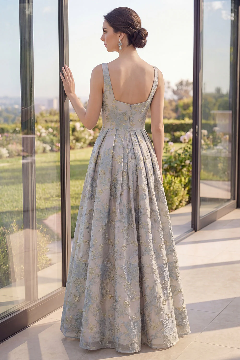 A Line Dusty Blue Wide Straps Jacquard Maxi Floral Dress - Image 2