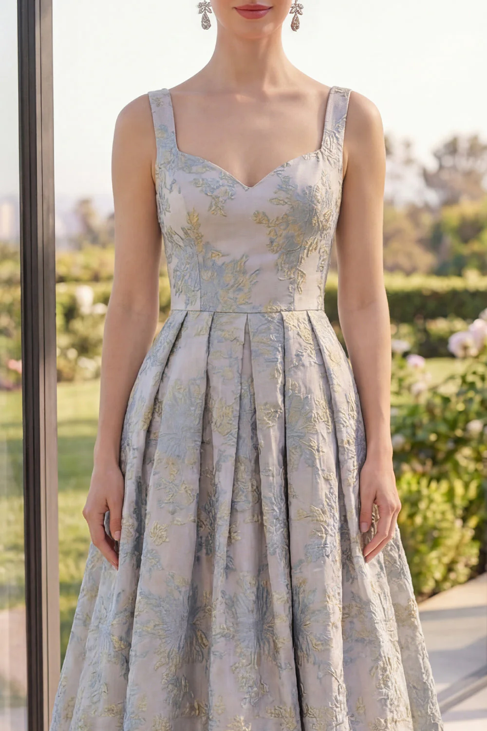 A Line Dusty Blue Wide Straps Jacquard Maxi Floral Dress - Image 3