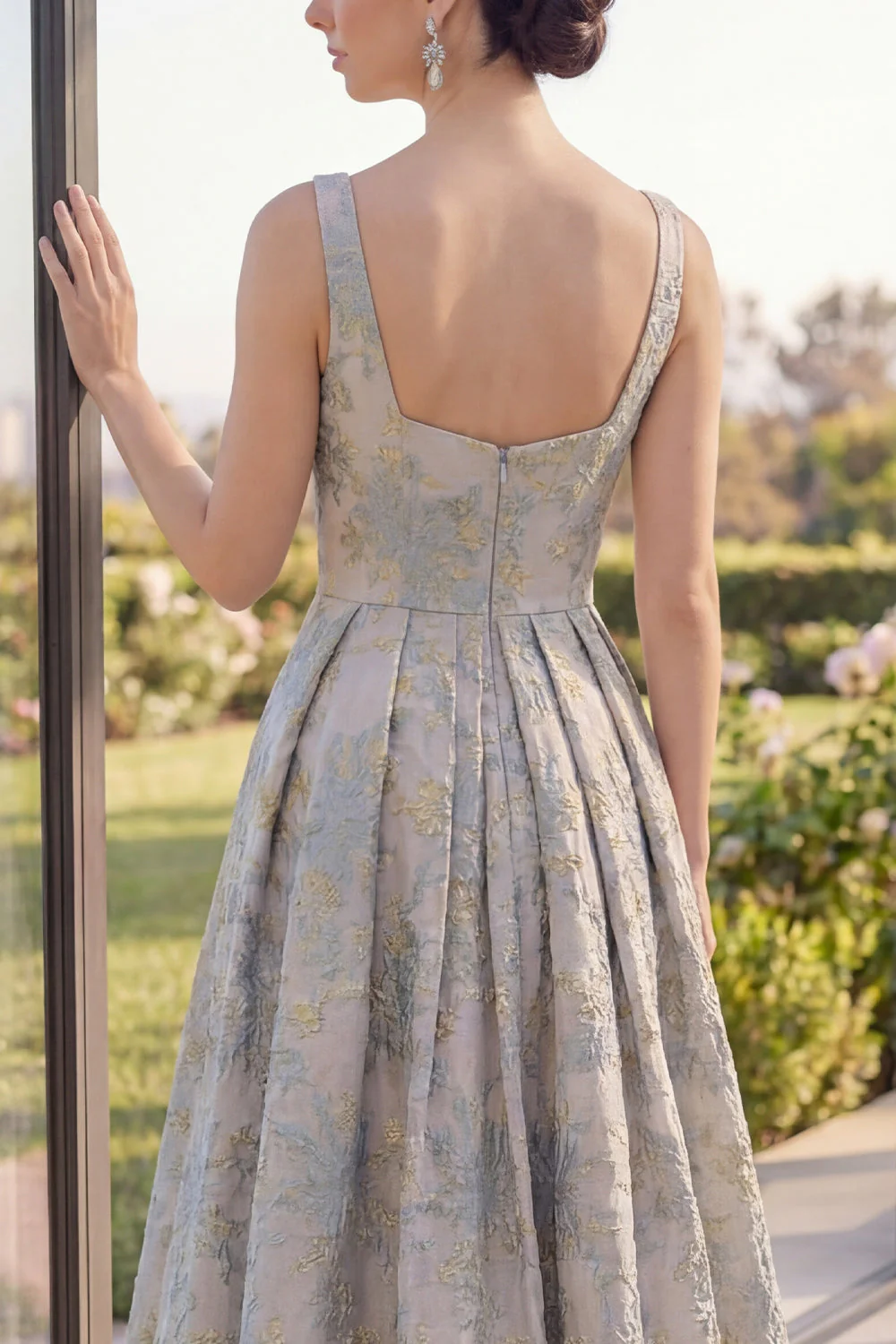 A Line Dusty Blue Wide Straps Jacquard Maxi Floral Dress - Image 4