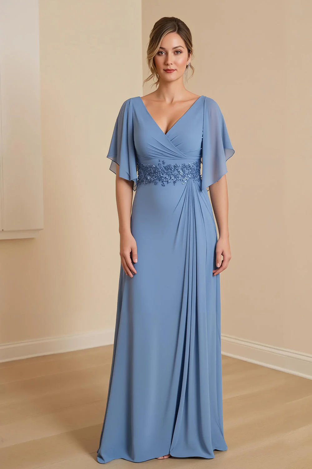 A Line Dusty Blue V-Neck Chiffon Long Choir Dress with Short Sleeves - Image 2
