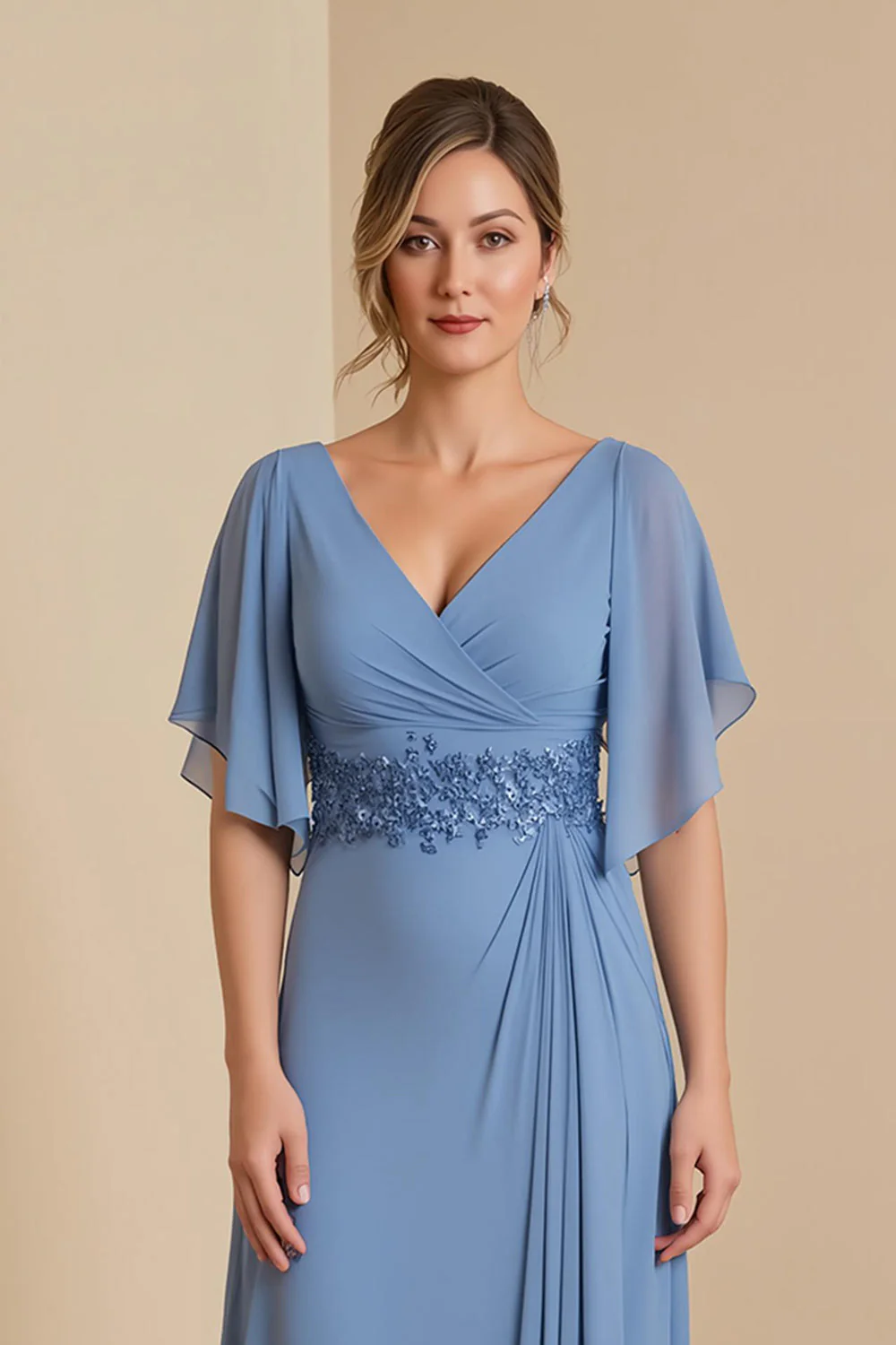 A Line Dusty Blue V-Neck Chiffon Long Choir Dress with Short Sleeves - Image 4
