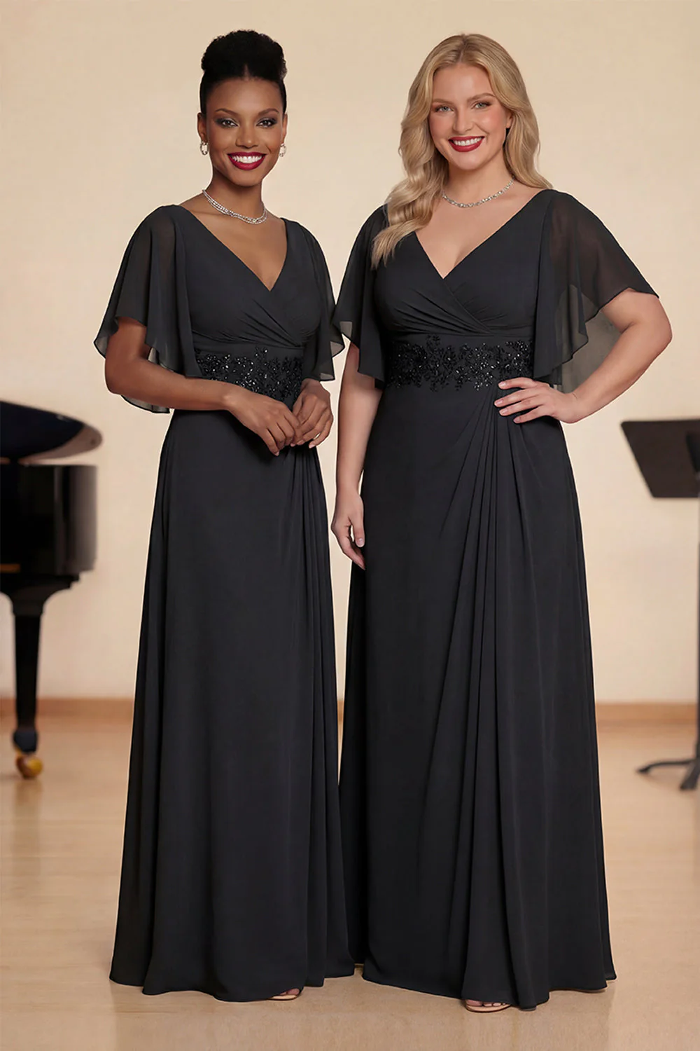 A Line Dusty Blue V-Neck Chiffon Long Choir Dress with Short Sleeves - Image 6