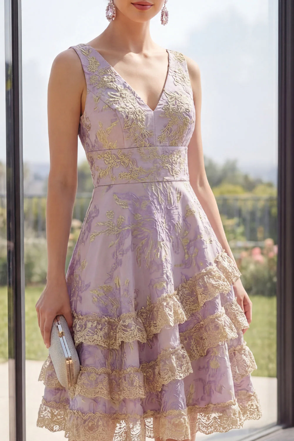Dusty Lilac A Line Ruffled V-Neck Jacquard Midi Floral Dress with Lace - Image 2