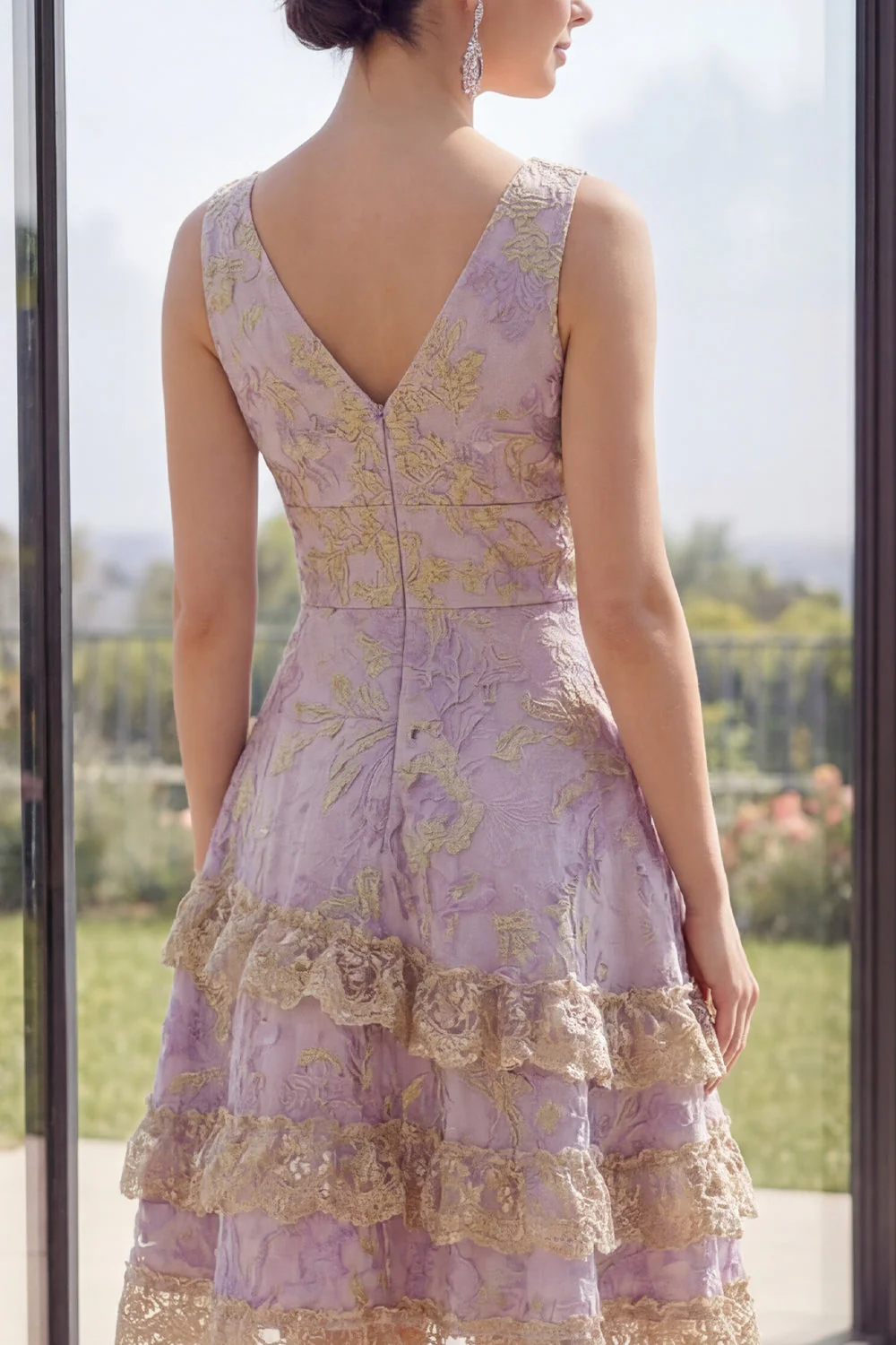 Dusty Lilac A Line Ruffled V-Neck Jacquard Midi Floral Dress with Lace - Image 3