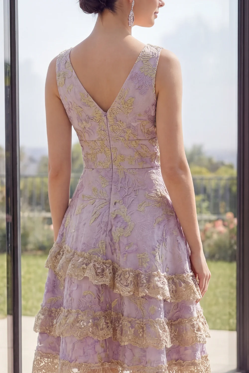 Dusty Lilac A Line Ruffled V-Neck Jacquard Midi Floral Dress with Lace - Image 4
