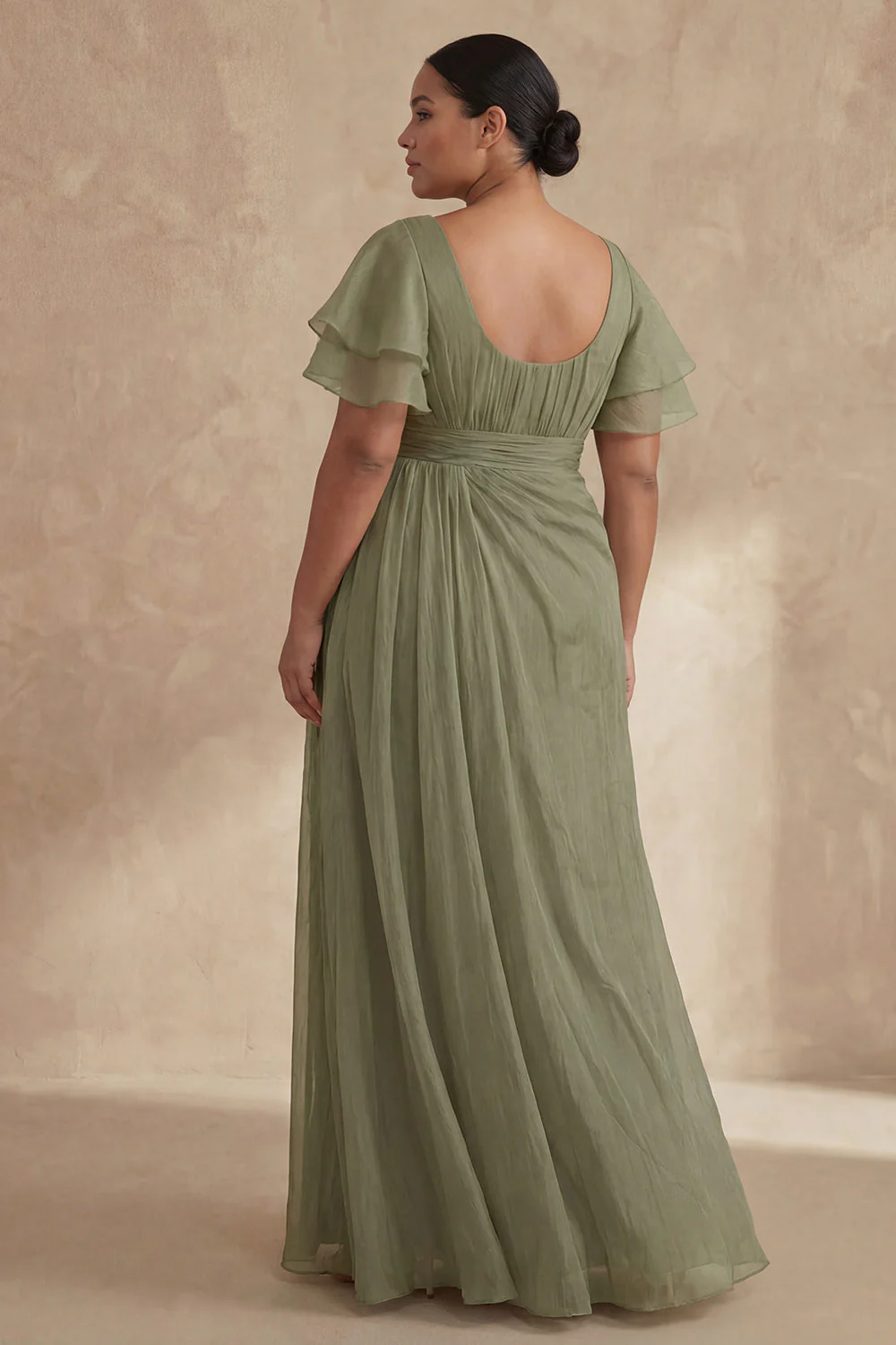 A Line Dusty Sage Boat Neck Plus Size Mother Of The Bride Dress with Ruffle Sleeves - Image 2