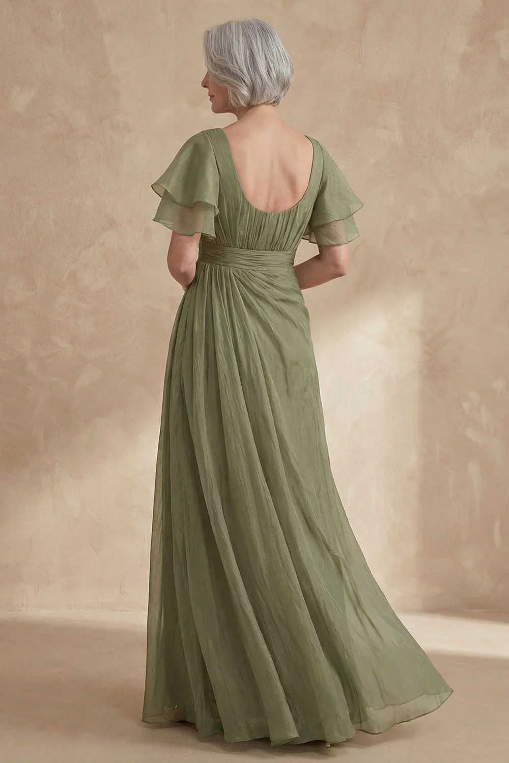 A Line Dusty Sage Boat Neck Ruched Mother of the Bride Dress with Ruffle Sleeves - Image 2