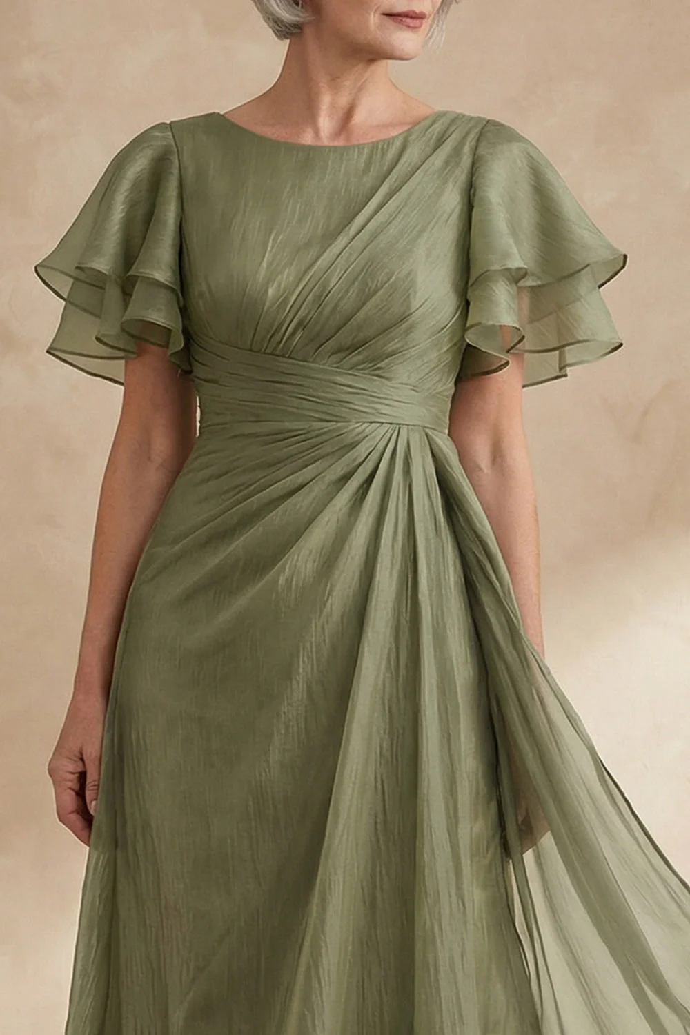 A Line Dusty Sage Boat Neck Ruched Mother of the Bride Dress with Ruffle Sleeves - Image 3