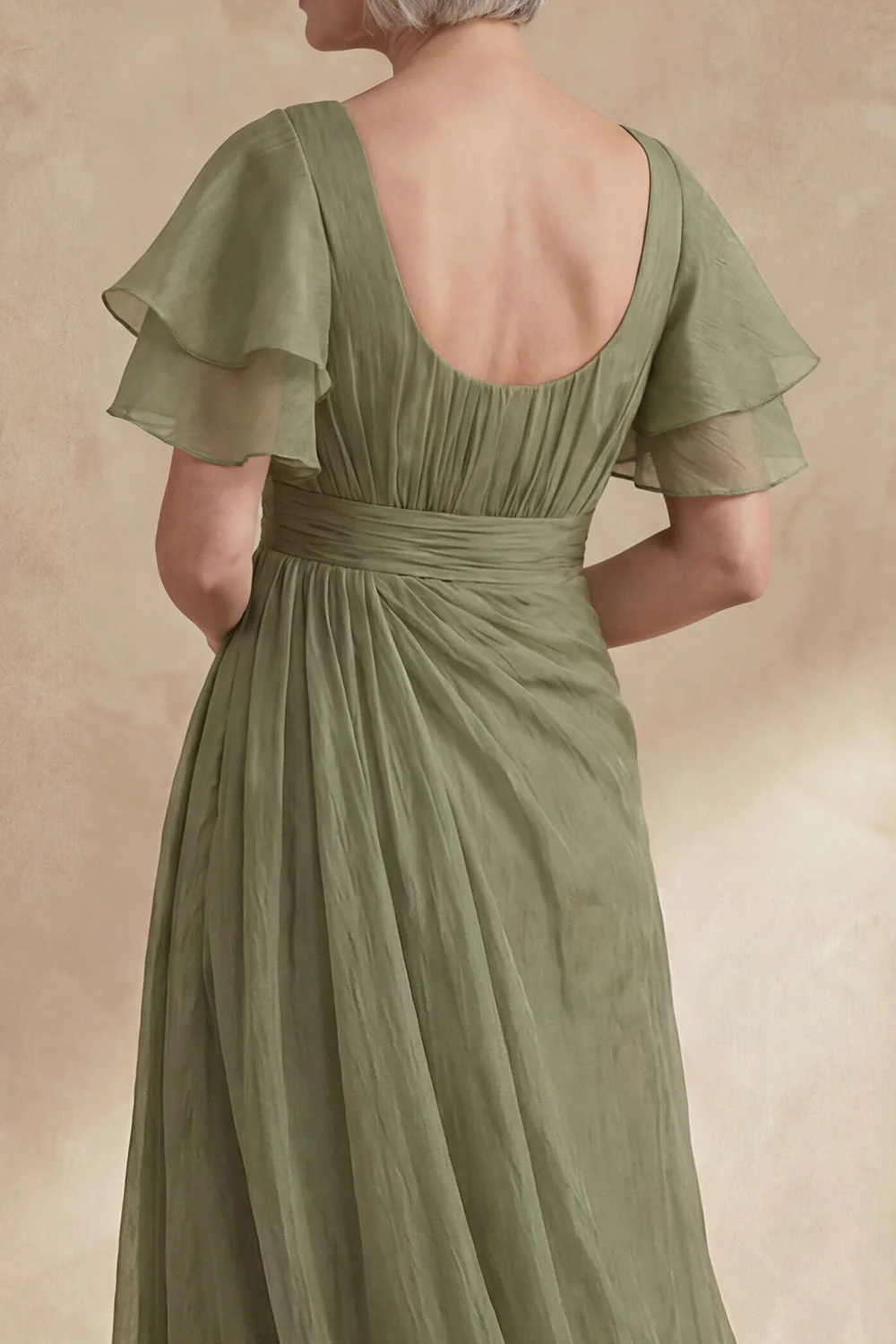 A Line Dusty Sage Boat Neck Ruched Mother of the Bride Dress with Ruffle Sleeves - Image 4