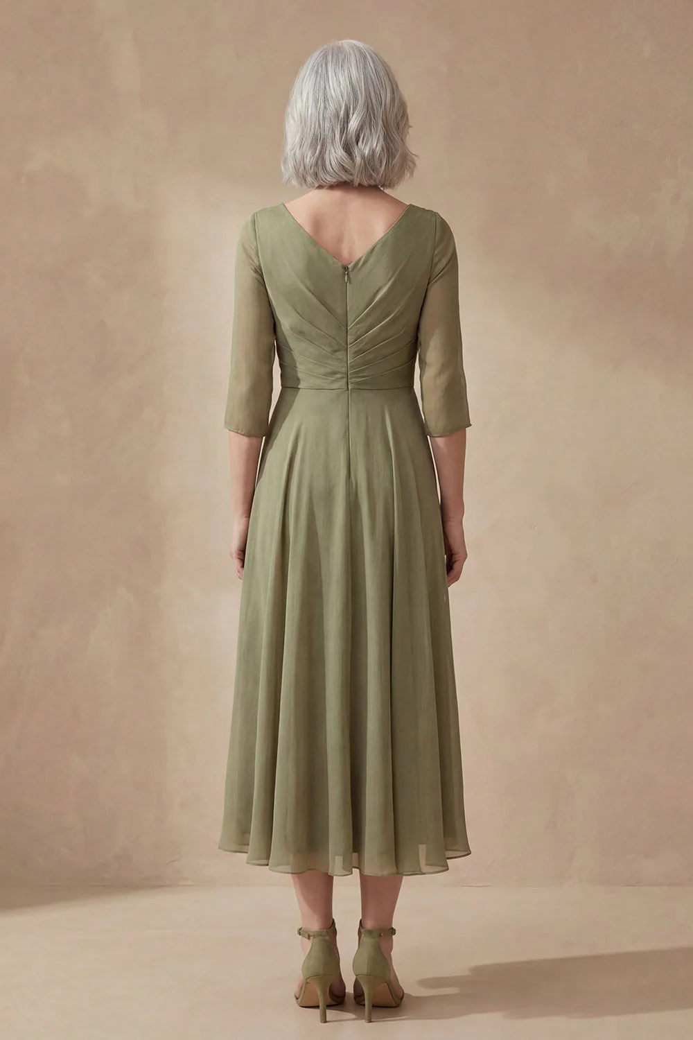 A Line Dusty Sage Ruched V-Neck Midi Mother of the Bride Dress - Image 2