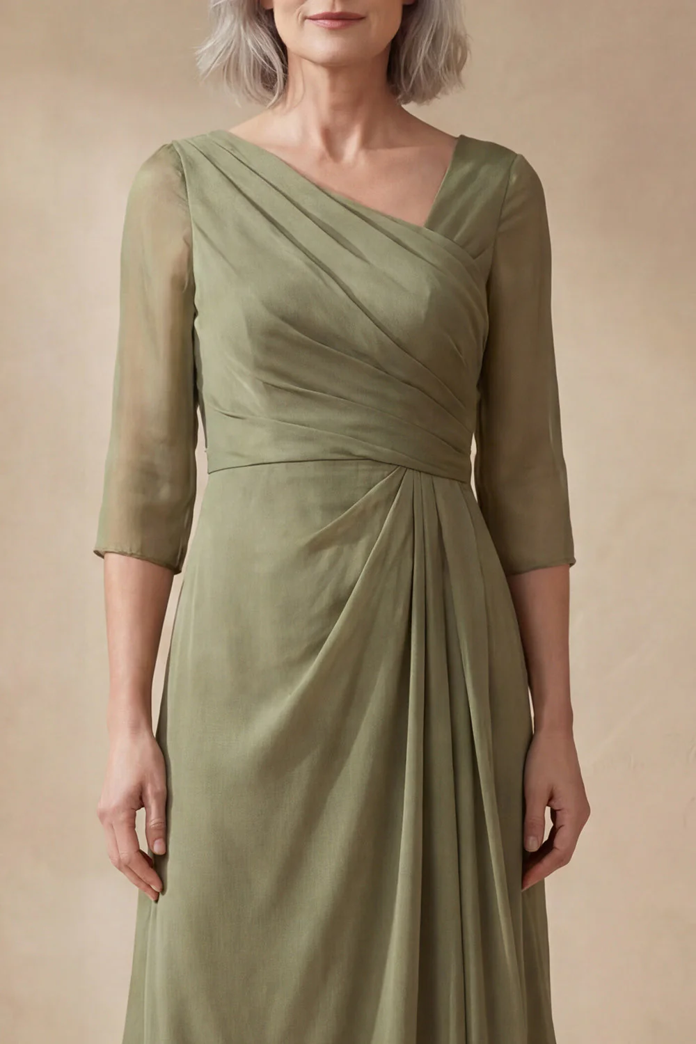 A Line Dusty Sage Ruched V-Neck Midi Mother of the Bride Dress - Image 3
