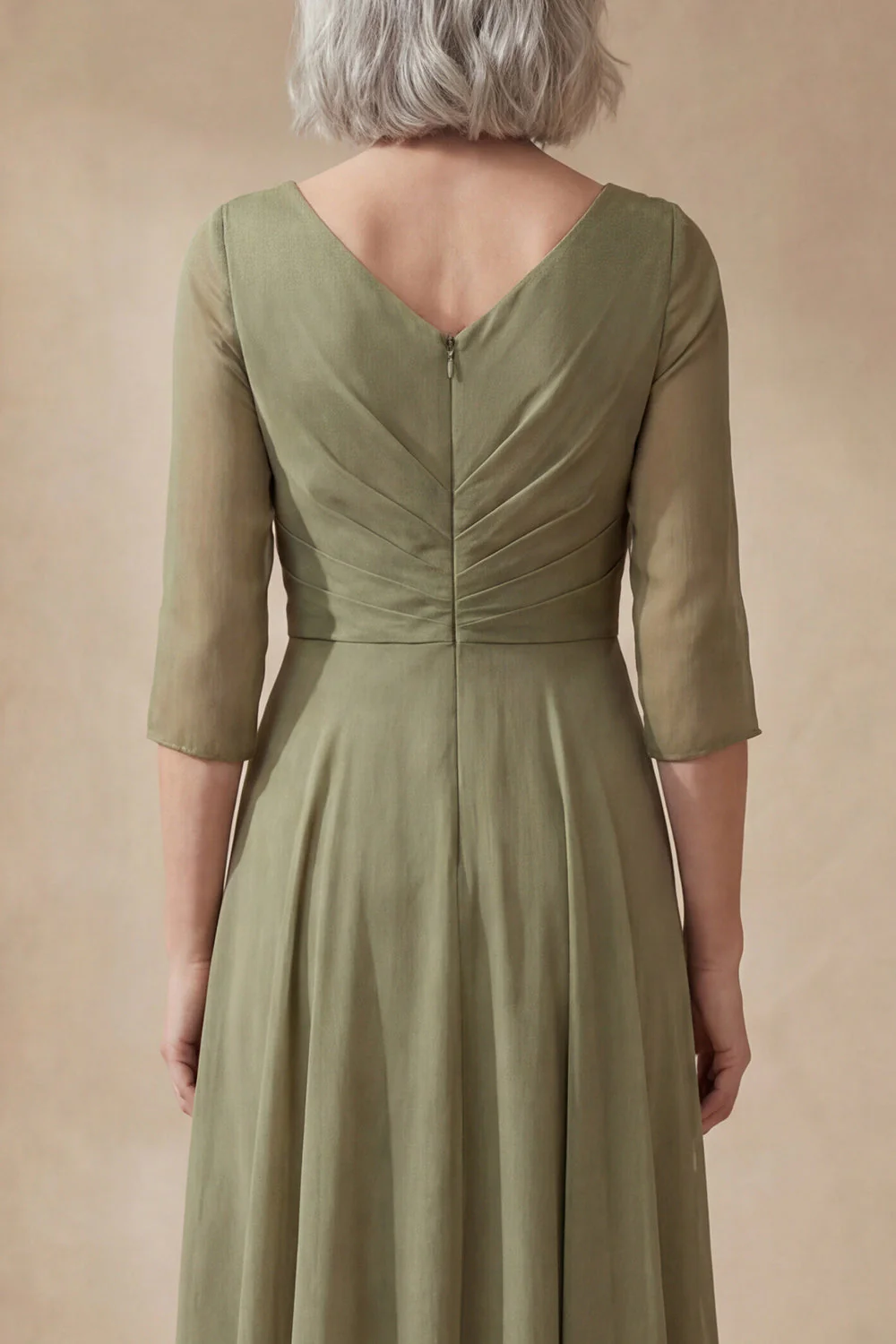A Line Dusty Sage Ruched V-Neck Midi Mother of the Bride Dress - Image 4