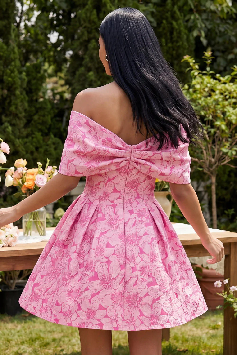 A-Line Fuchsia Jacquard Off the Shoulder Mini Cocktail Dress With Bow - Image 2