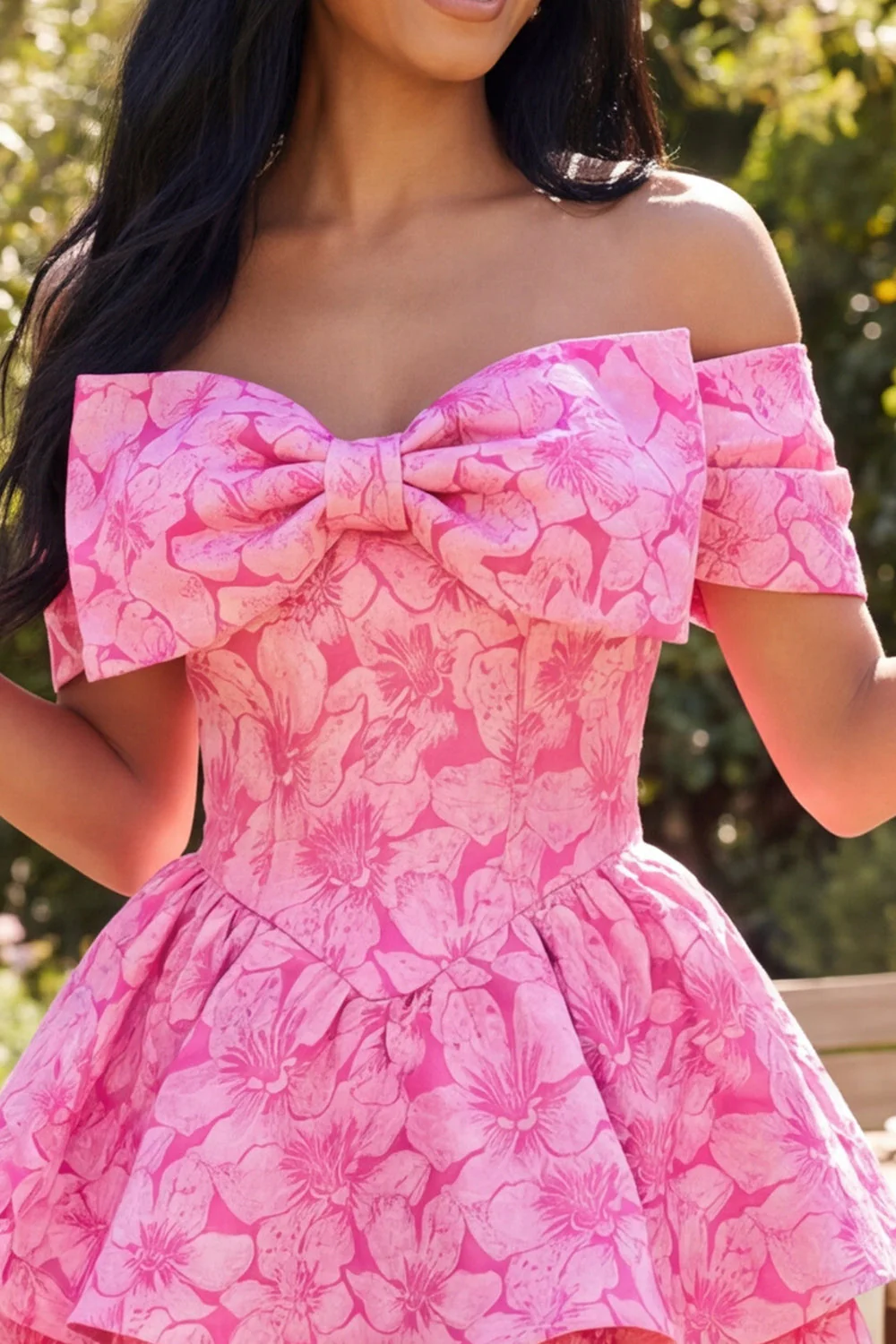 Cute A-Line Fuchsia Floral Off the Shoulder Jacquard Mini Party Dress With Bow - Image 3