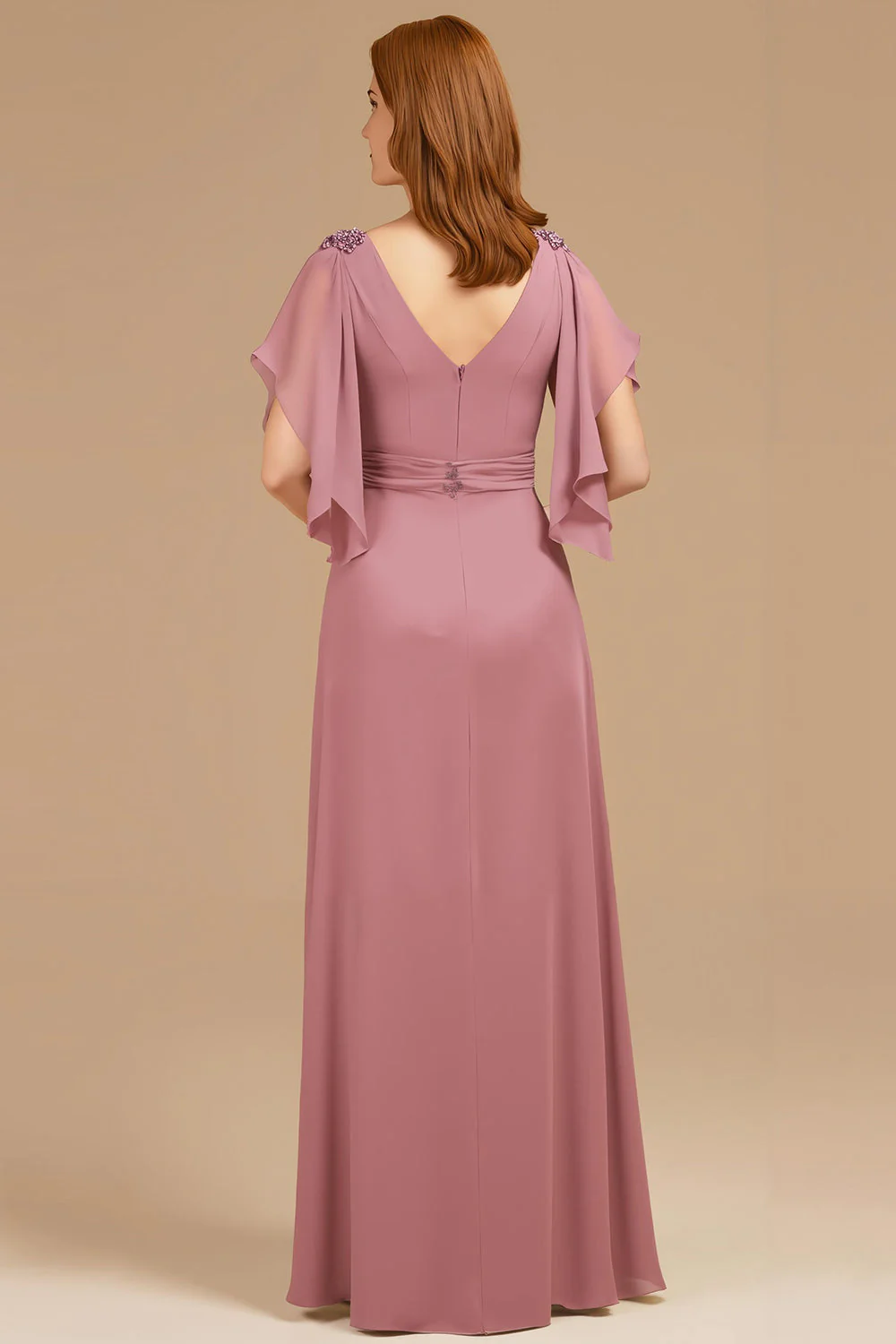 A-Line Grape V-Neck Ruched Flutter Sleeve Long Mother of the Bride Dress - Image 10