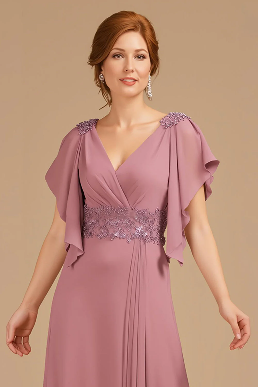 A-Line Grape V-Neck Ruched Flutter Sleeve Long Mother of the Bride Dress - Image 11