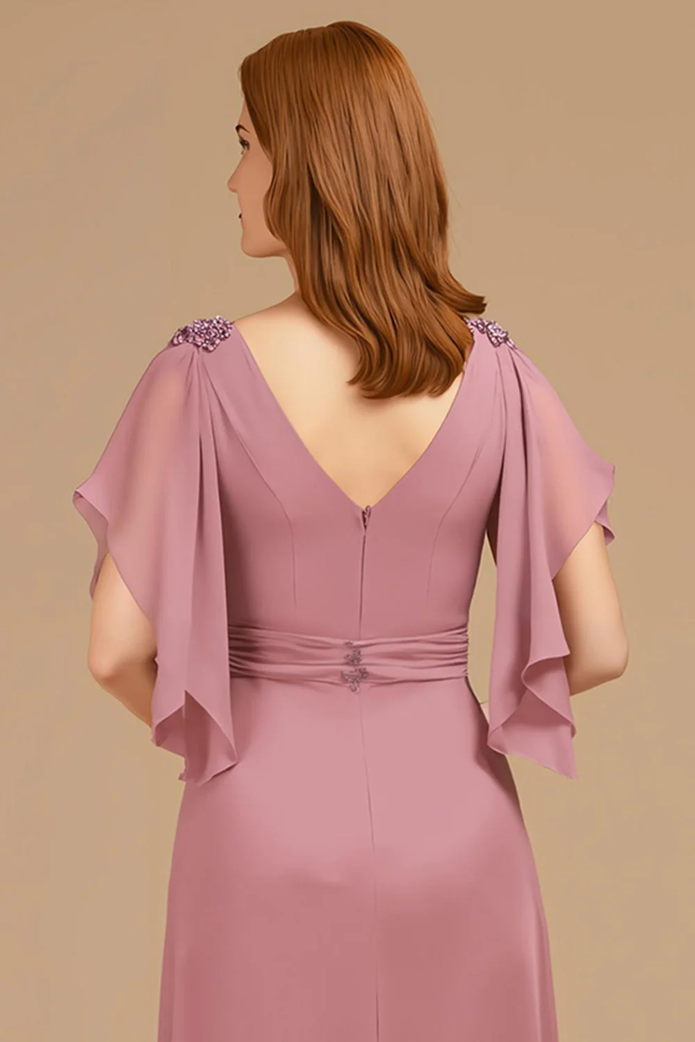 A-Line Grape V-Neck Ruched Flutter Sleeve Long Mother of the Bride Dress - Image 12