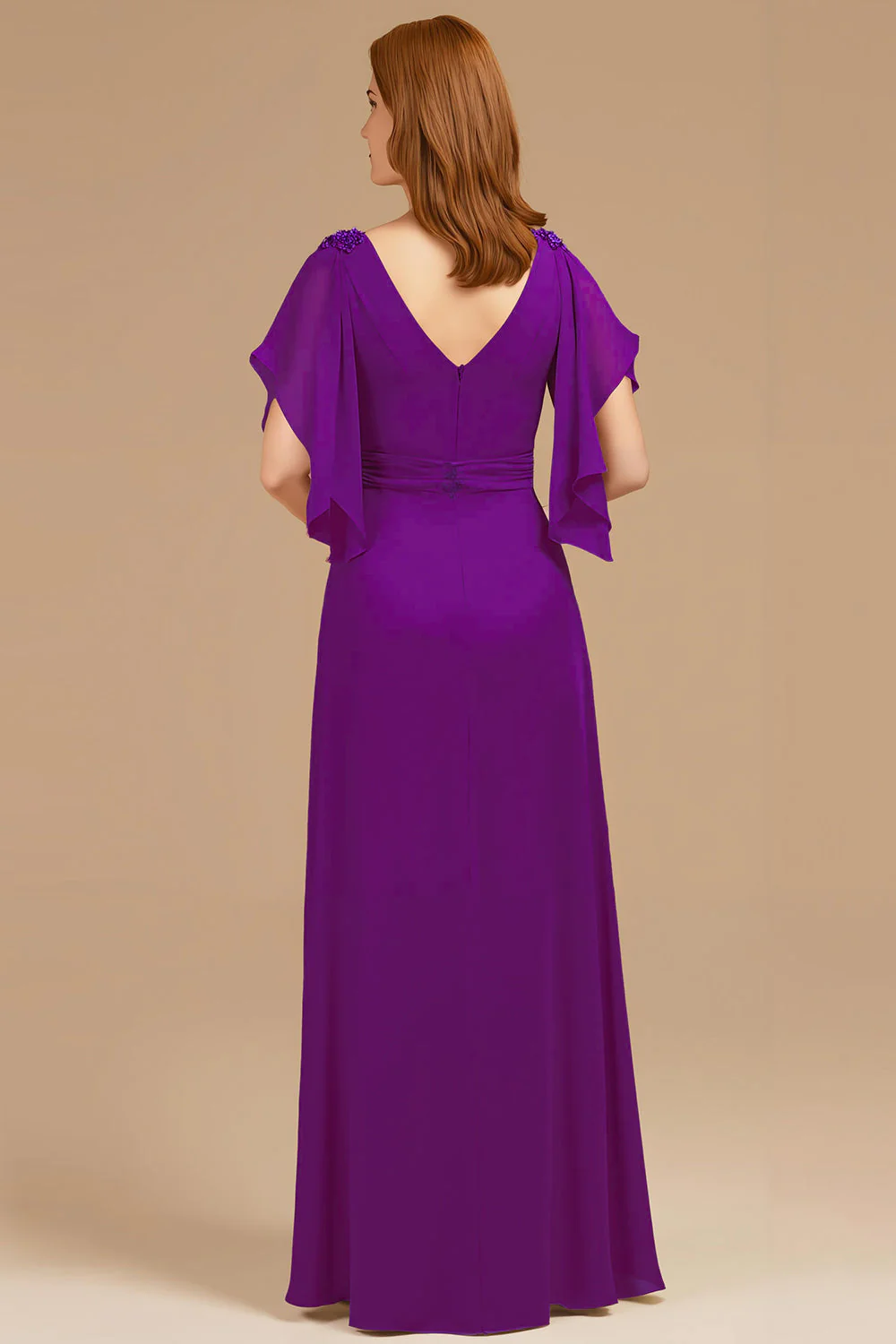 A-Line Grape V-Neck Ruched Flutter Sleeve Long Mother of the Bride Dress - Image 2