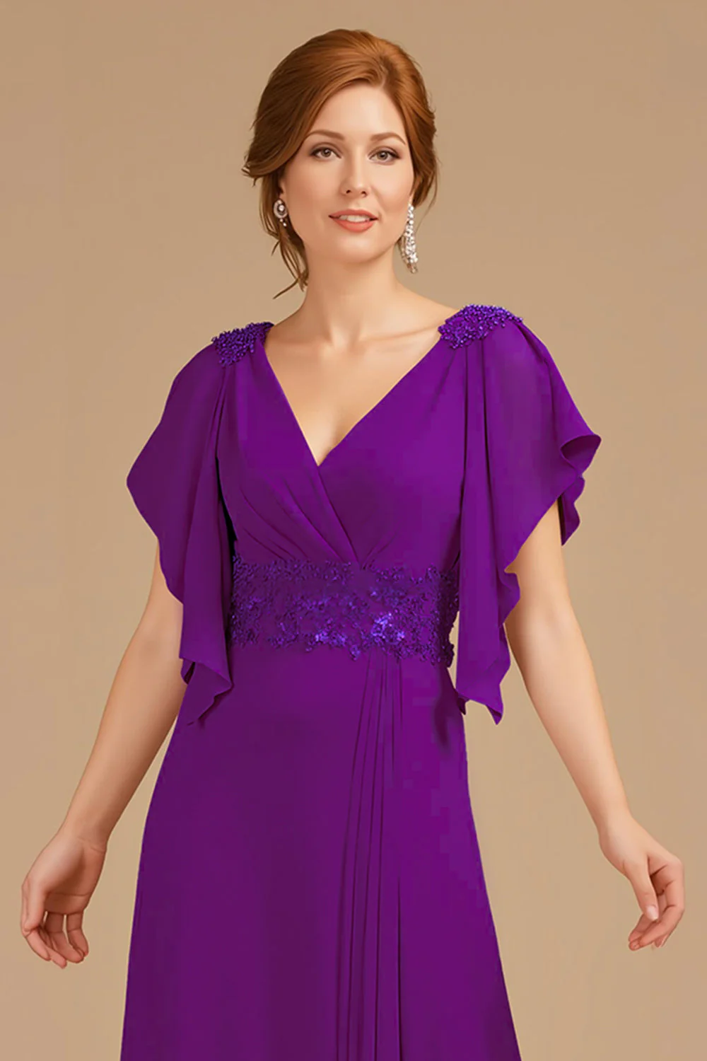 A-Line Grape V-Neck Ruched Flutter Sleeve Long Mother of the Bride Dress - Image 3