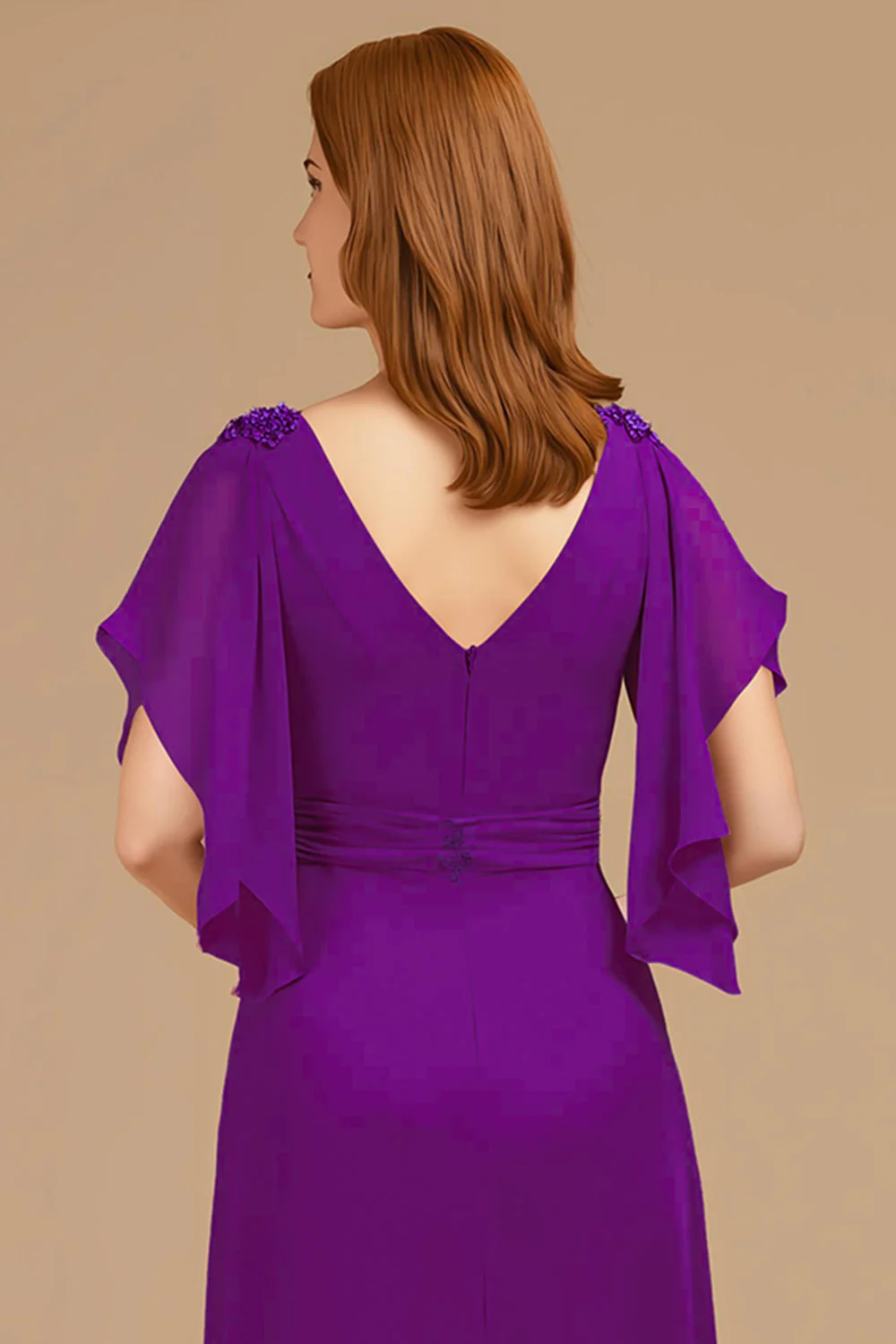 A-Line Grape V-Neck Ruched Flutter Sleeve Long Mother of the Bride Dress - Image 4